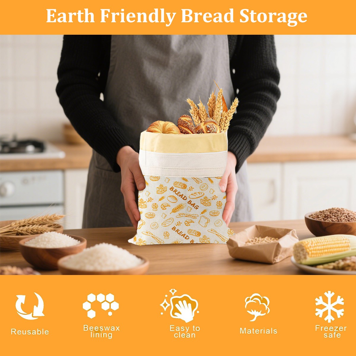 2 Pack Reusable Beeswax Bread Bags for Homemade Breads Sourdough Easy to Clean