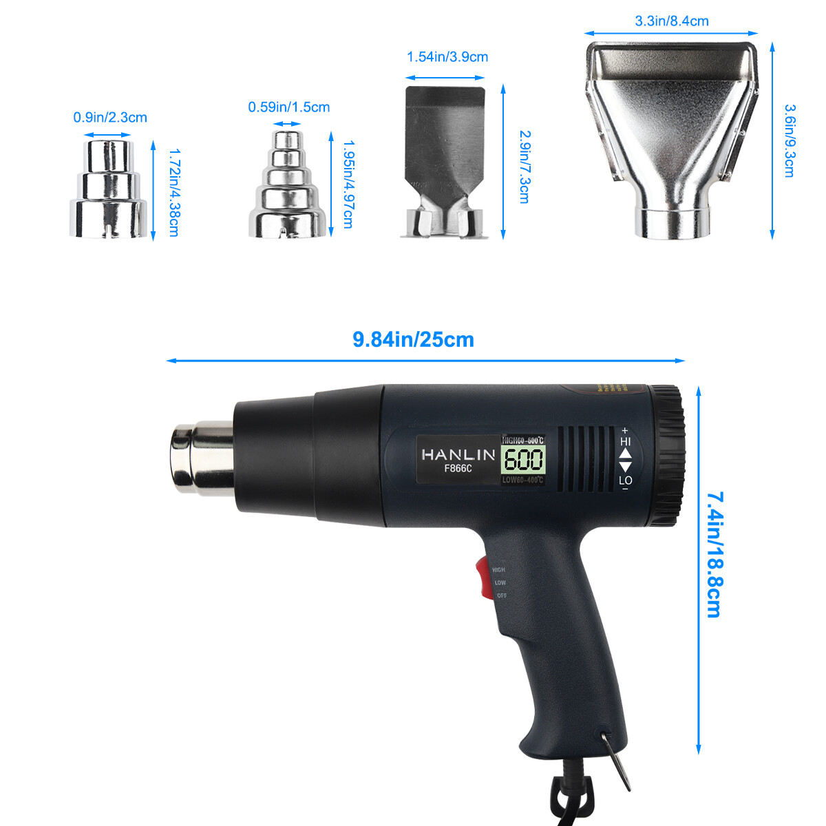 2500W Electric Heat Gun with LCD Display, Dual Temperature Control+4 Nozzles
