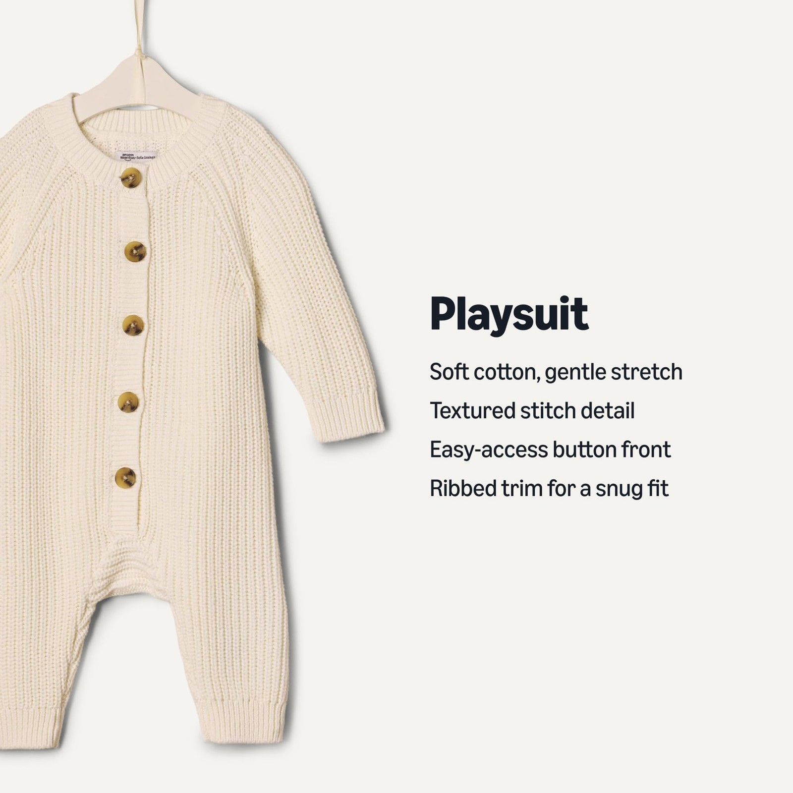 Amazon Essentials Unisex Babies’ Cotton Knit Playsuit, Ivory, 3-6 Months