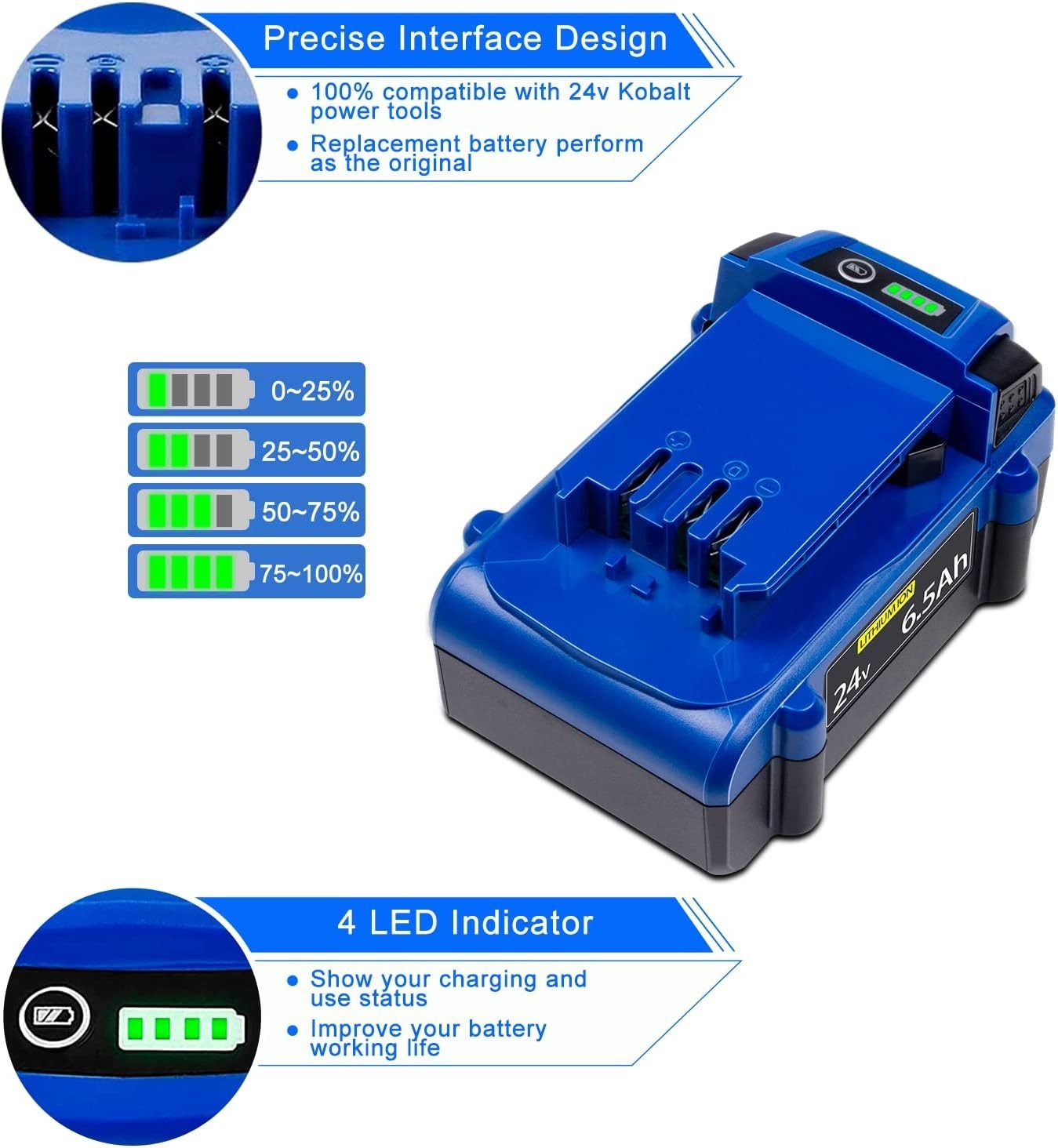 2Pcs 24V For Kobalt 24V Max 6.5Ah Lithium Ion Battery KB624-03 KB524-03 KB424-03