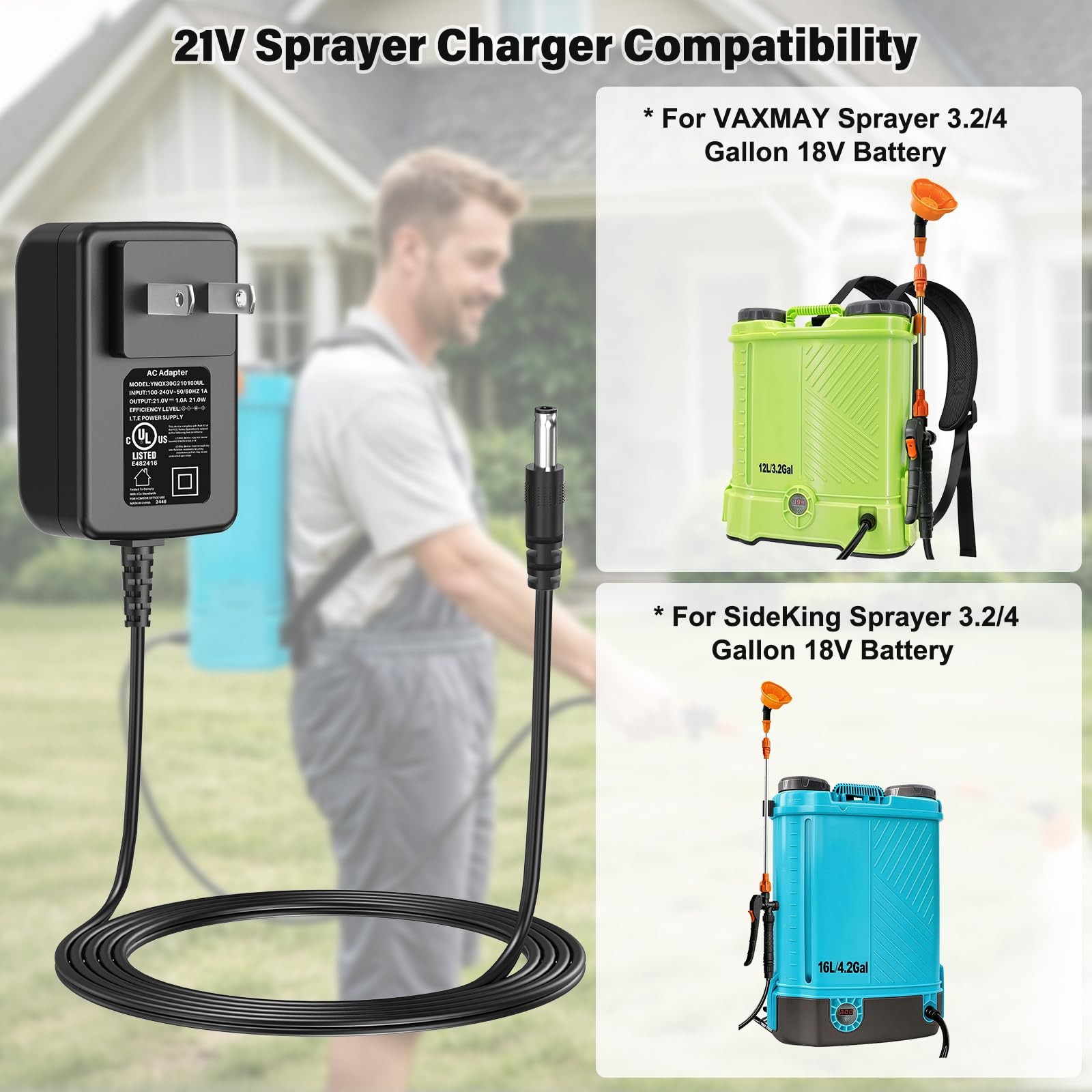 21V Power Cord for VAXMAY SideKing Backpack Sprayer 3.2 or 4 Gallon Black