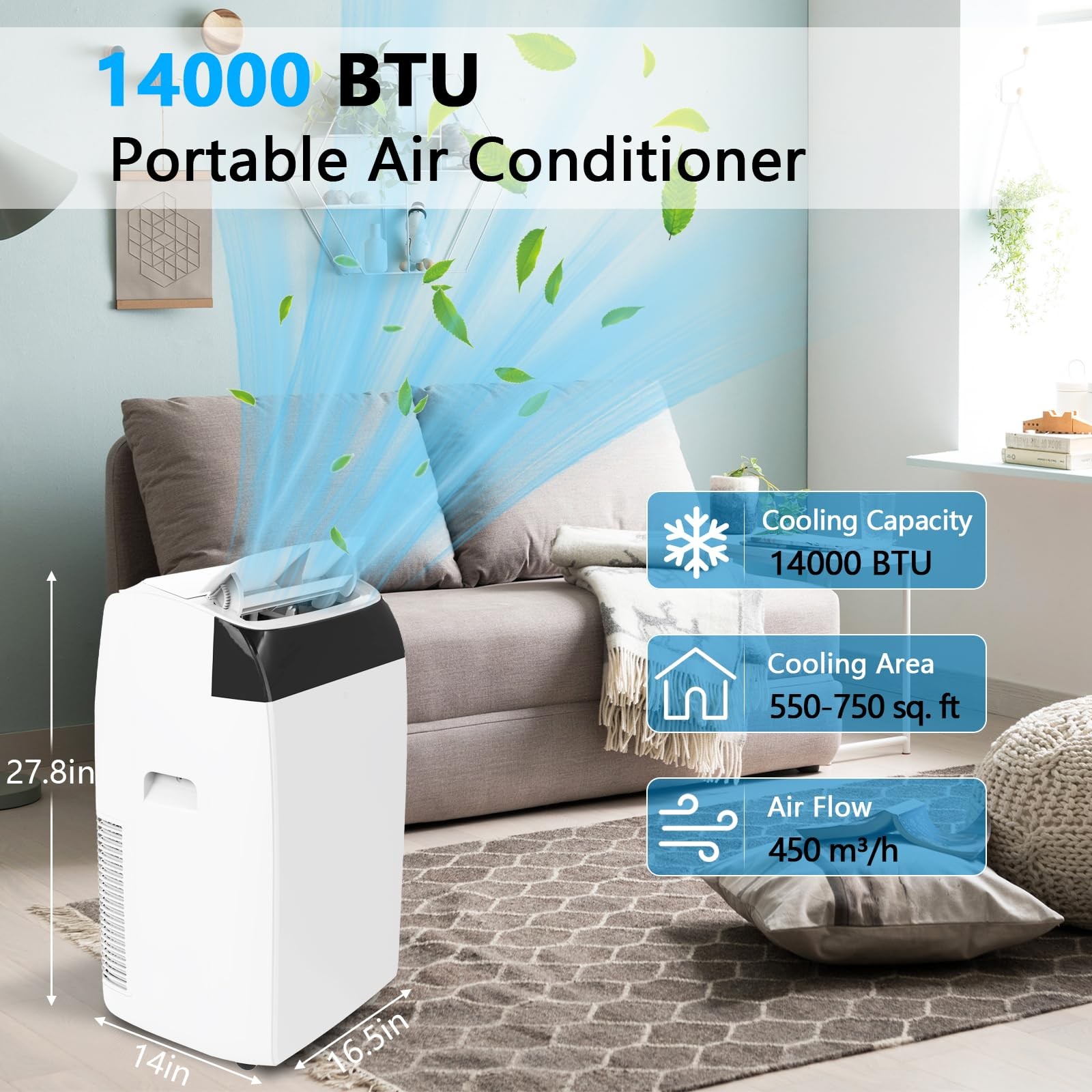 Portable Air Conditioner 14,000 BTU 3-in-1 AC Unit Cools 750 Sq.Ft, with Remote