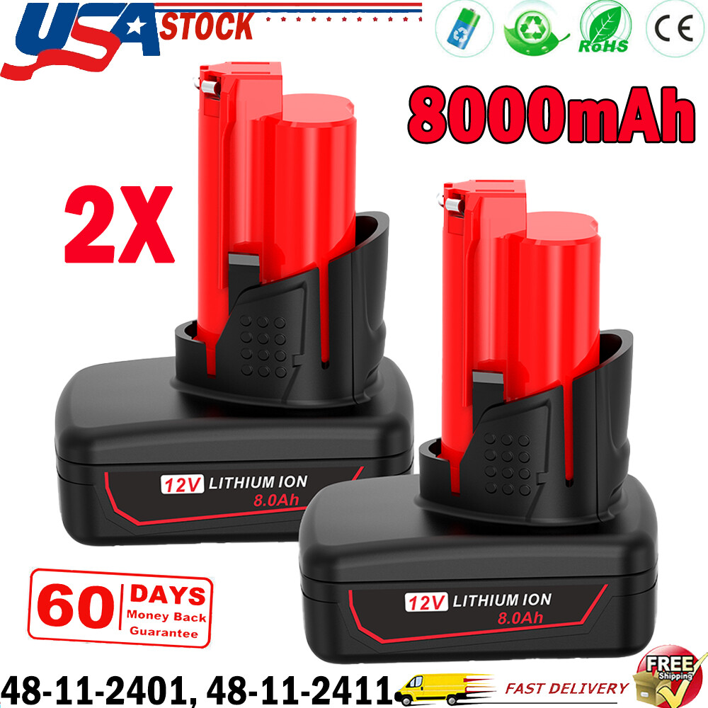 2Pack 8.0Ah Battery For Milwaukee for M12 LITHIUM Extended Capacity 48-11-2460