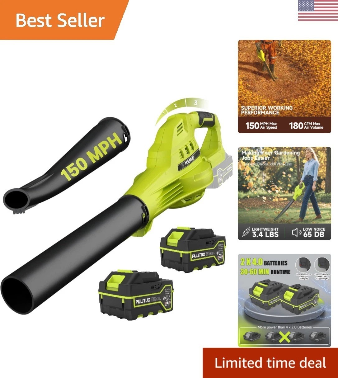 Effortless Cordless Leaf Blower with 3 Adjustable Speeds & 2 Batteries Included