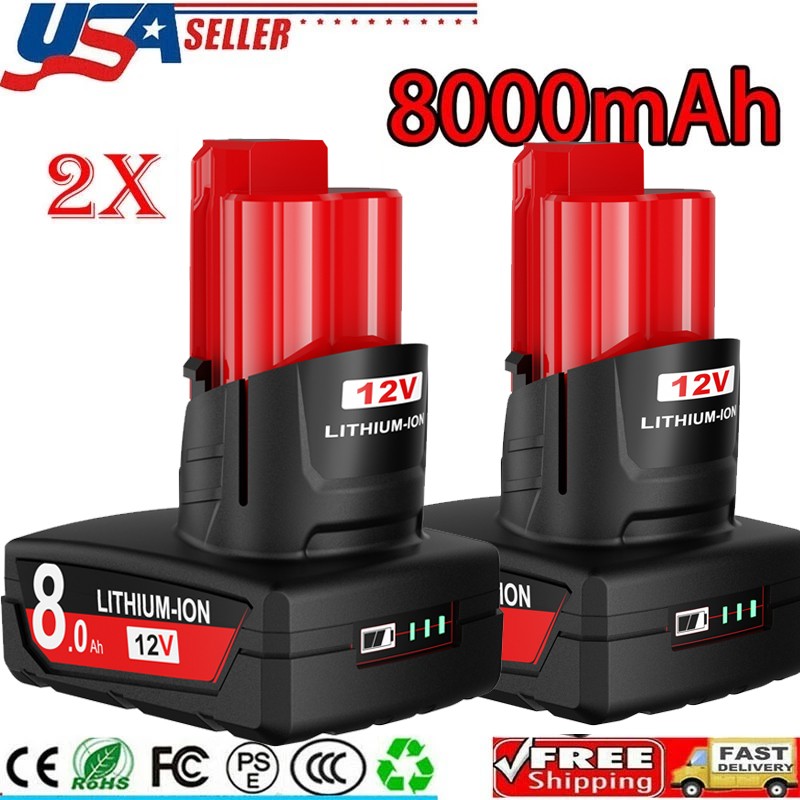 2Pack For Milwaukee for M12 LITHIUM 8.0Ah Extended Capacity Battery 48-11-2460