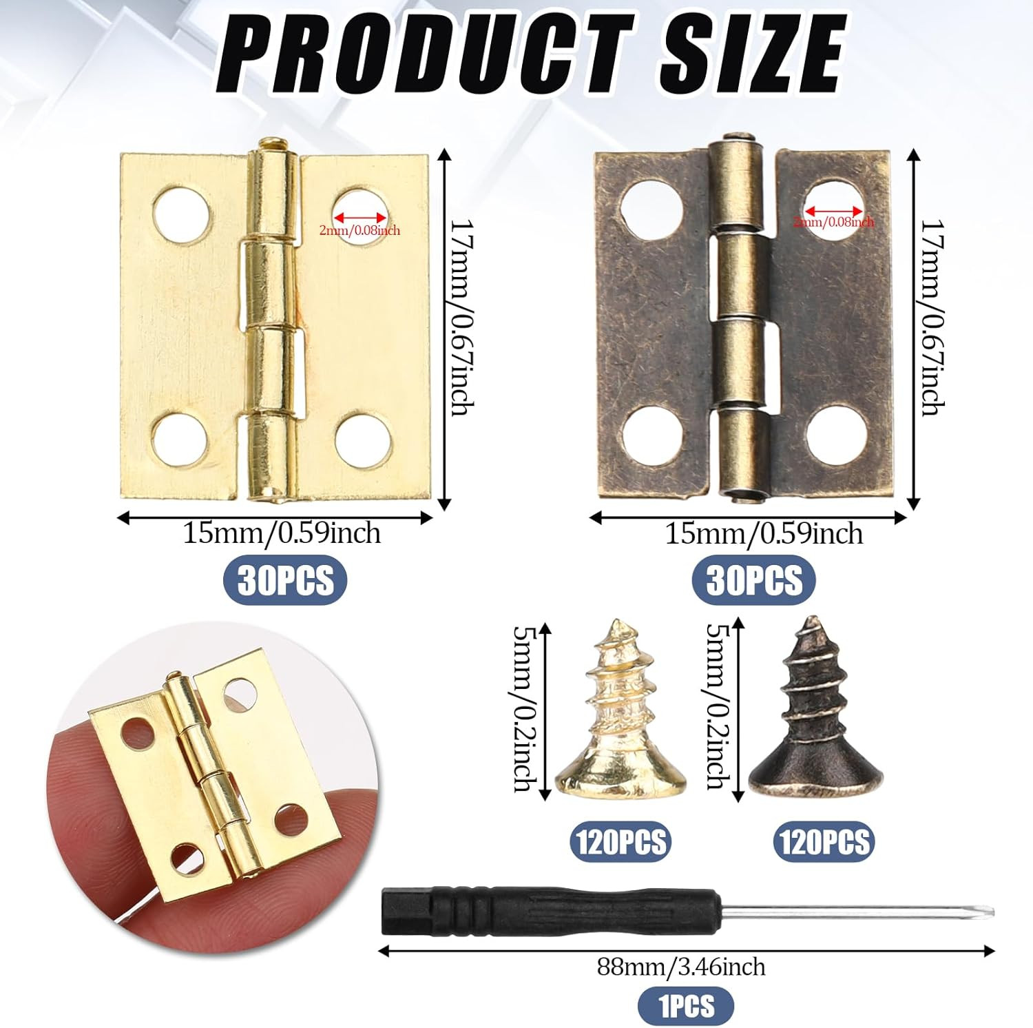 60Pcs Small Brass Antique Mini Hinges, Stainless Steel Folding Butt Miniature Hi