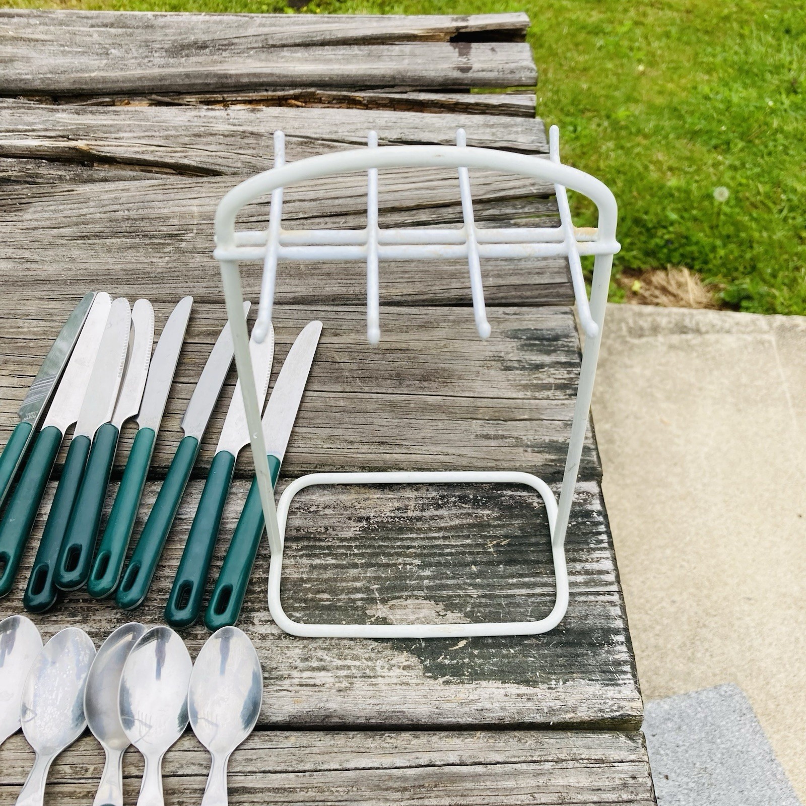 Vintage 1970s Stainless Flatware Set Thailand Dk Green W/ White Rack 33 Pc