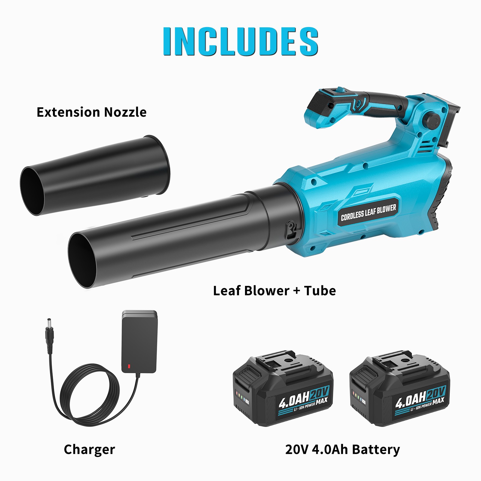 20V Cordless Leaf Blower 450 CFM 150 MPH w/2x 4.0Ah Batteries & Charger