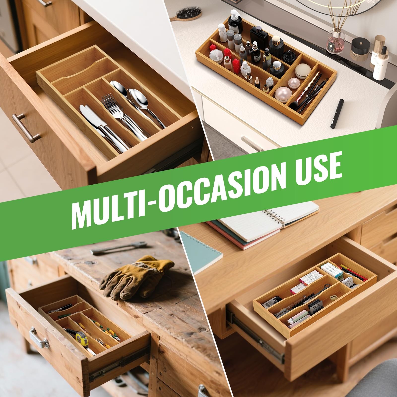 Bamboo Silverware Organizer for Kitchen Drawer Cutlery Utensil Tray 6.7×14.2 in.