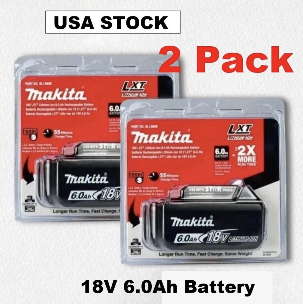 Genuine 2pack Makita BL1860B-2 18V LXT Lithium-Ion 6.0 Ah Battery – New USA SHIP