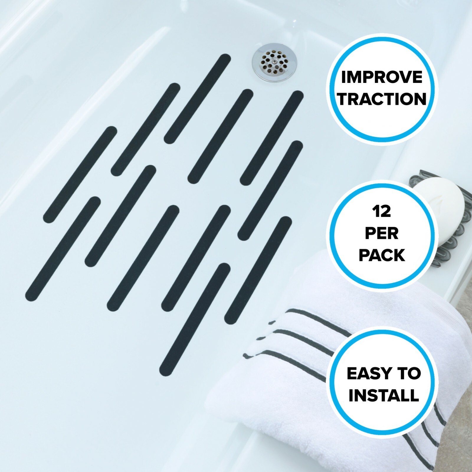 7.5″ Bath Tub Shower Safety Adhesive Treads with Microban in Black, 12 Pack