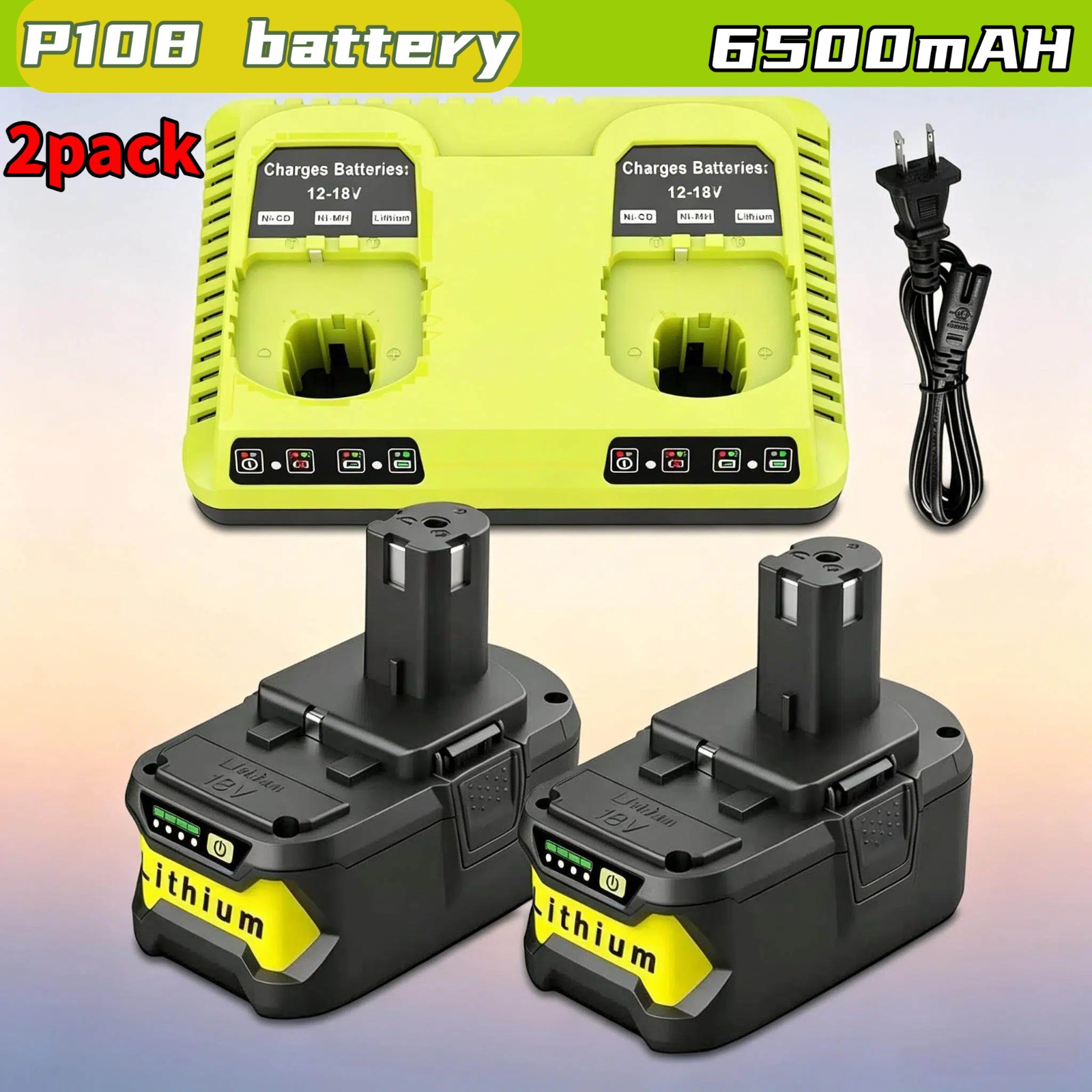 2Pack 6.5Ah 18V Lithium Battery Dual Charger for Ryobi P108 P107 P102 P105 P117