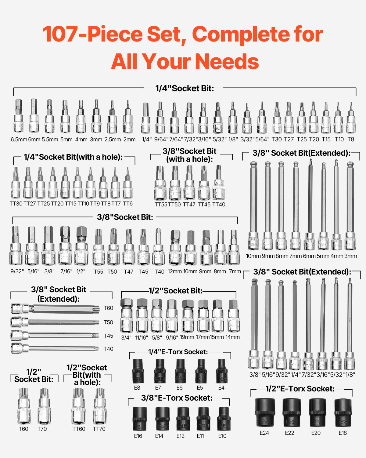 VEVOR Bit Socket Set, 107-Piece SAE and Metric, Hex/Torx/External Torx/Tamper-Pr