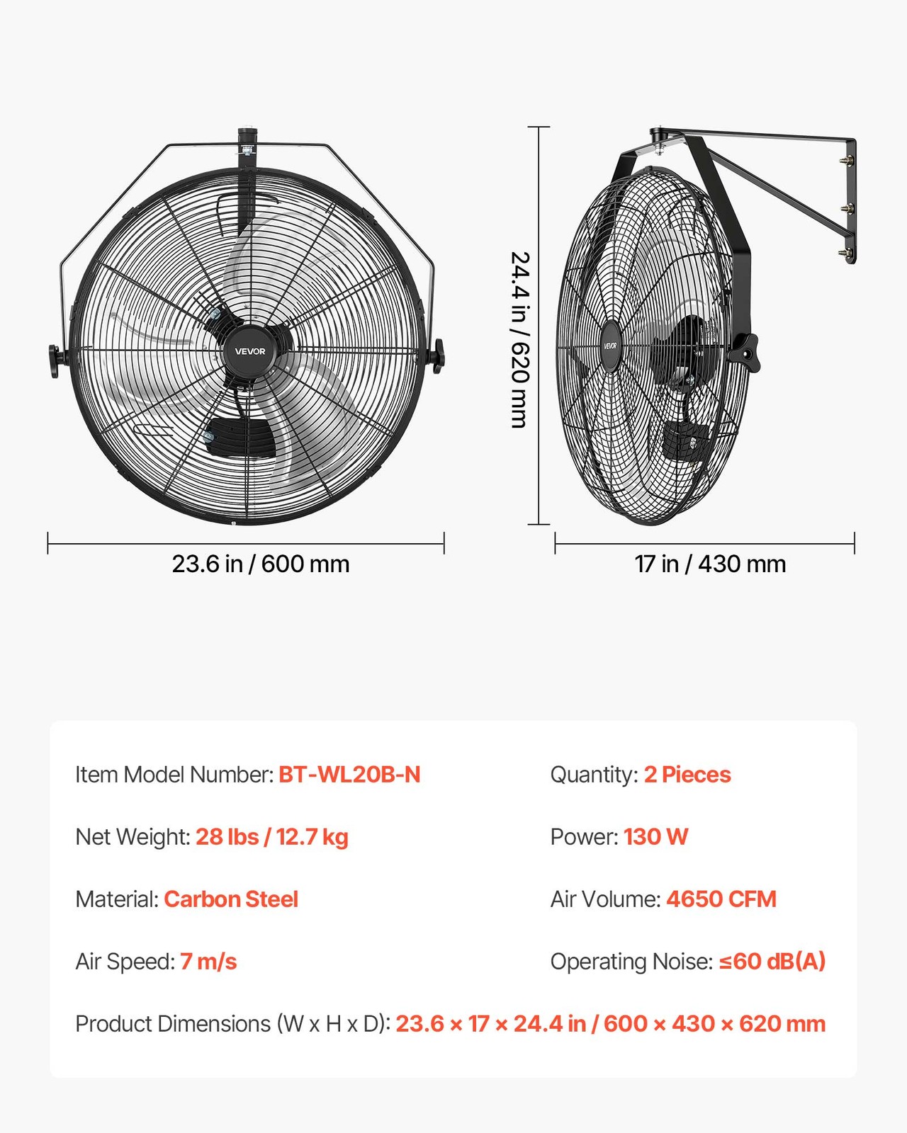 VEVOR 20 in Wall Mount Fan 2 Pack 3 Speed Long Airflow for Industrial Garage