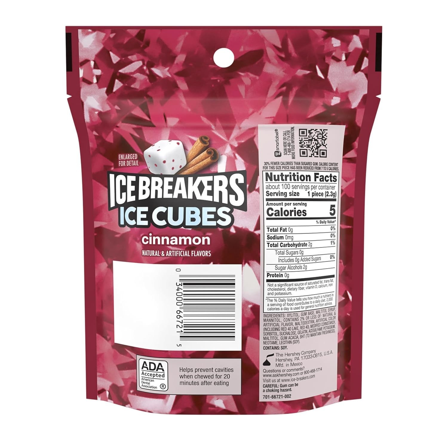 Ice Cubes Cinnamon Sugar Free Chewing Gum Pouch, 8.11 oz 100 Pieces