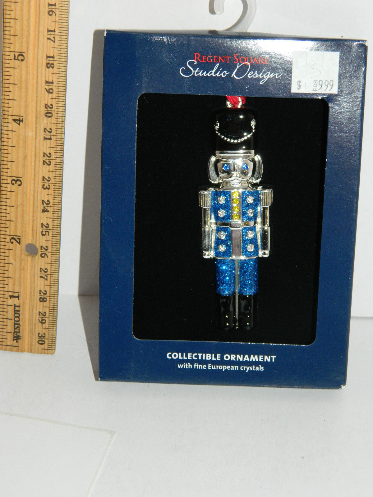 Shiny Silver Plated Blue Nutcracker christmas tree Ornament w Crystals holiday