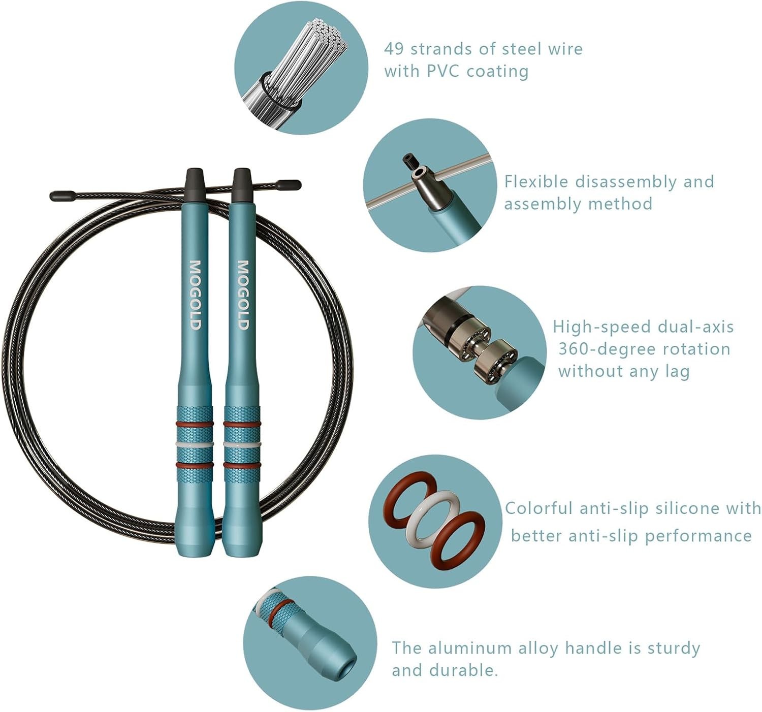 Speed Jump Rope, Turquoise Aluminum Alloy Handles with PVC Steel Wire, 17cm…