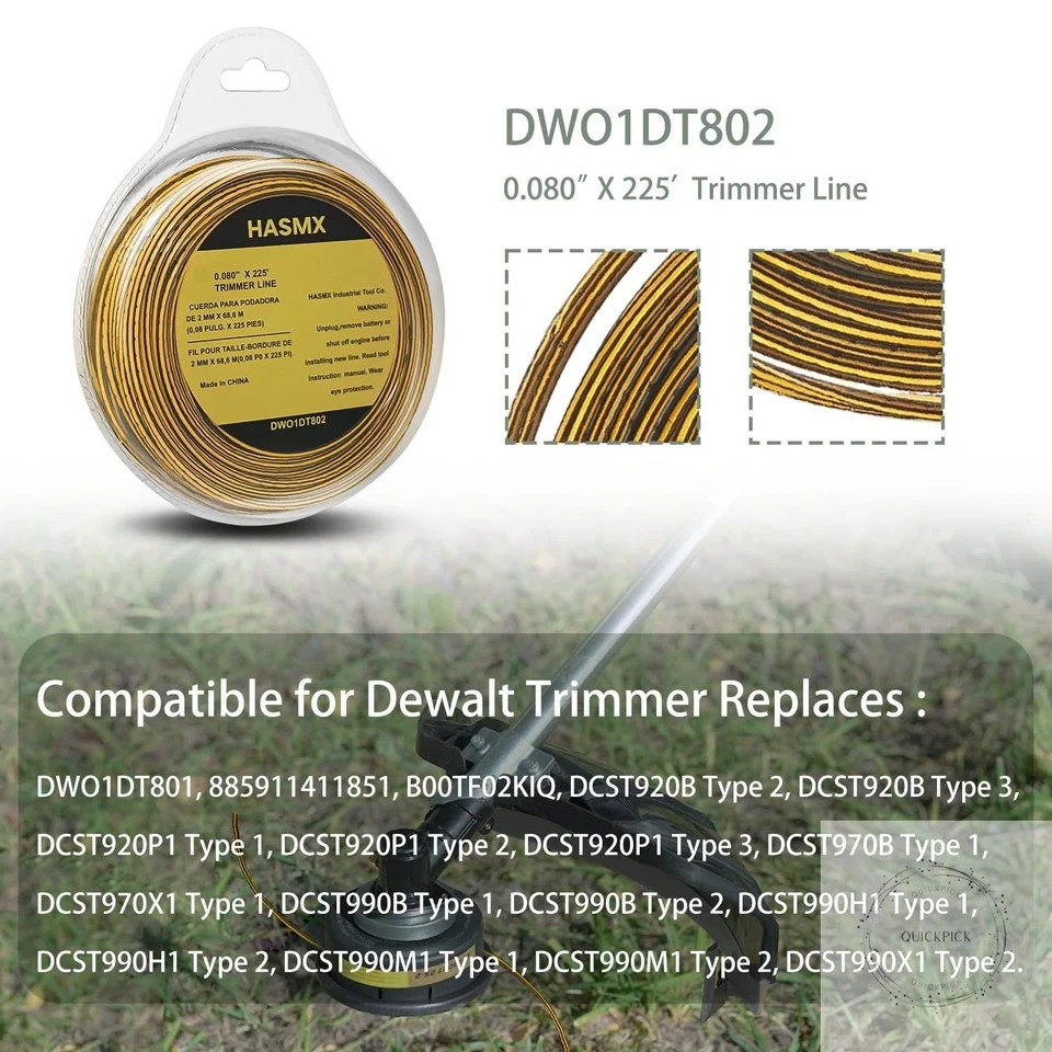 225ft X 0.08 Inch – DWO1DT801 DWO1DT802 String Weed Trimmer Line for Dewalt Cord