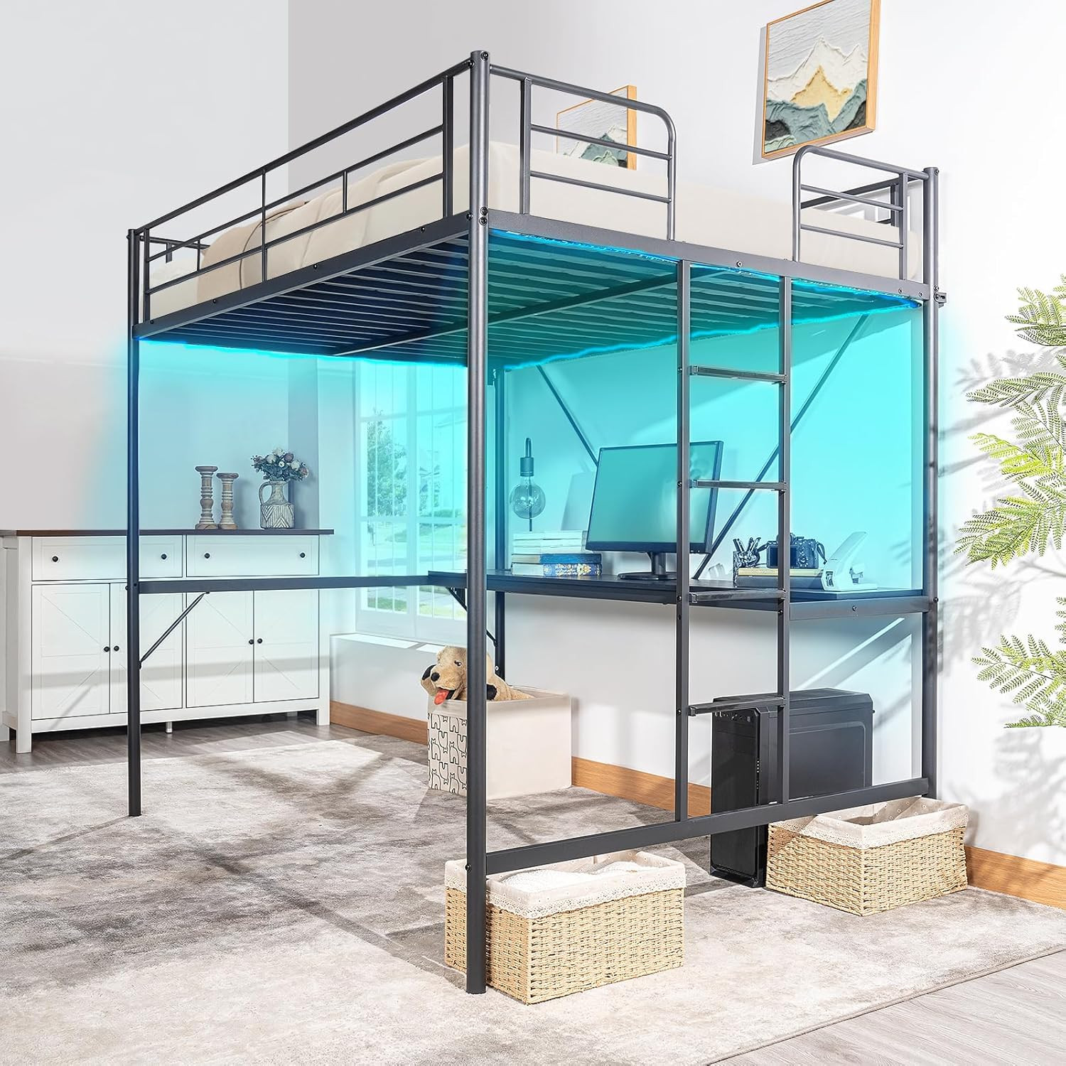 Full Size Metal Loft Bunk Bed Frame for Kids Teens Adults with Desk Underneath,2