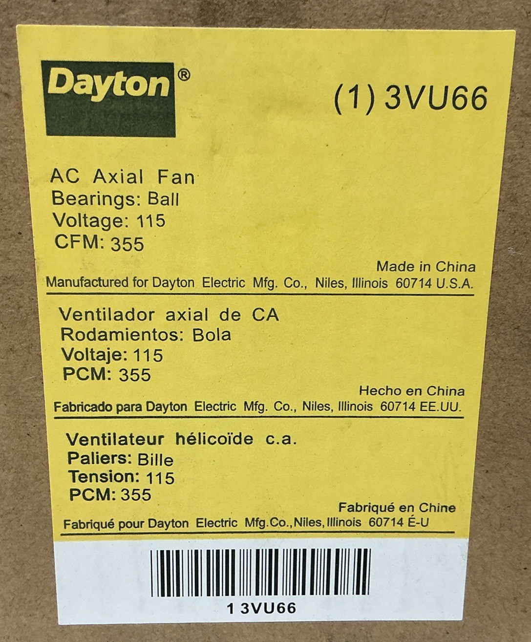 NEW DAYTON 3VU66 AXIAL FAN, 115V 355CFM, THERMAL PROTECTED, FREE SHIPPING