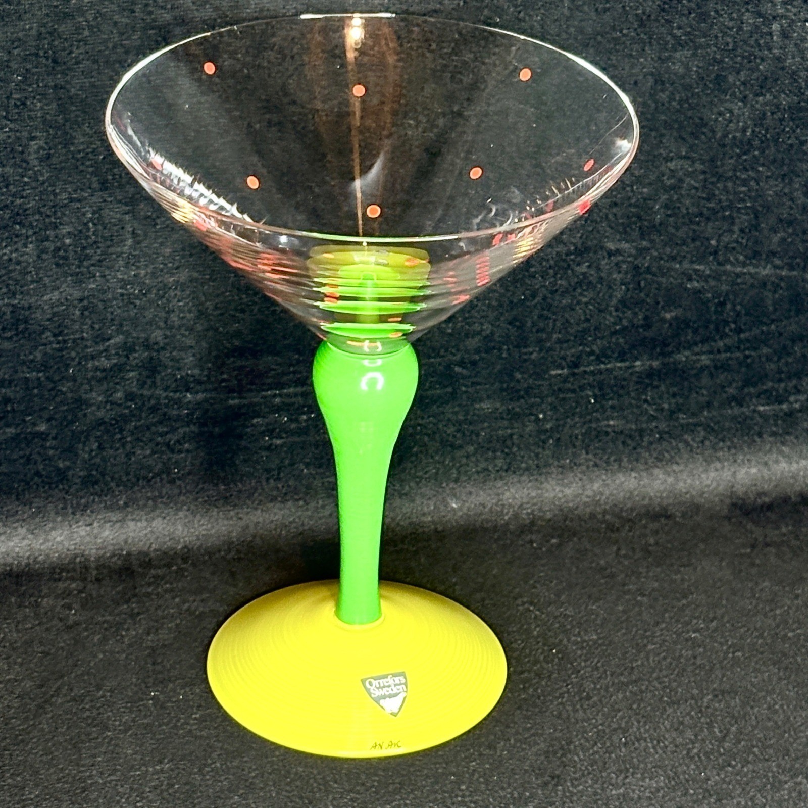 Orrefors Sweden Clown Martini Glass Anne Nilsson Signed Green Yellow Red Dot