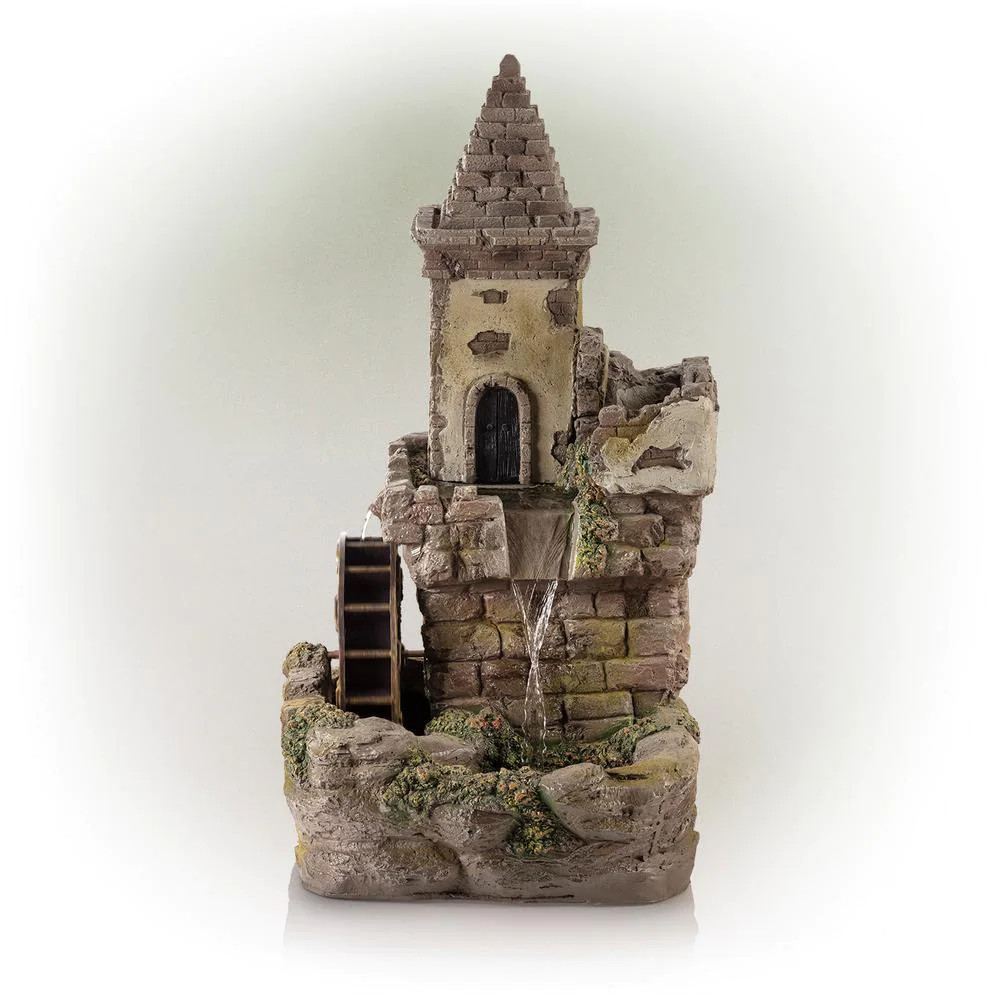 35 in. Tall Outdoor Fairy Castle Waterwheel Tiered Fountain Yard Art Decoration