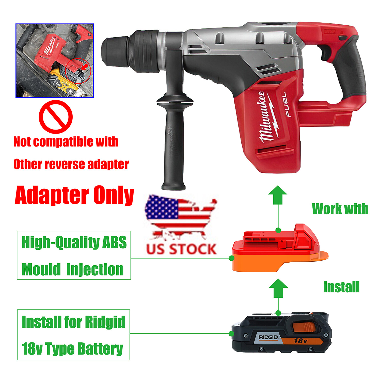 1x Adapter Uses Milwaukee M18 Cordless Tools Installed AEG/Ridgid 18v Batteries