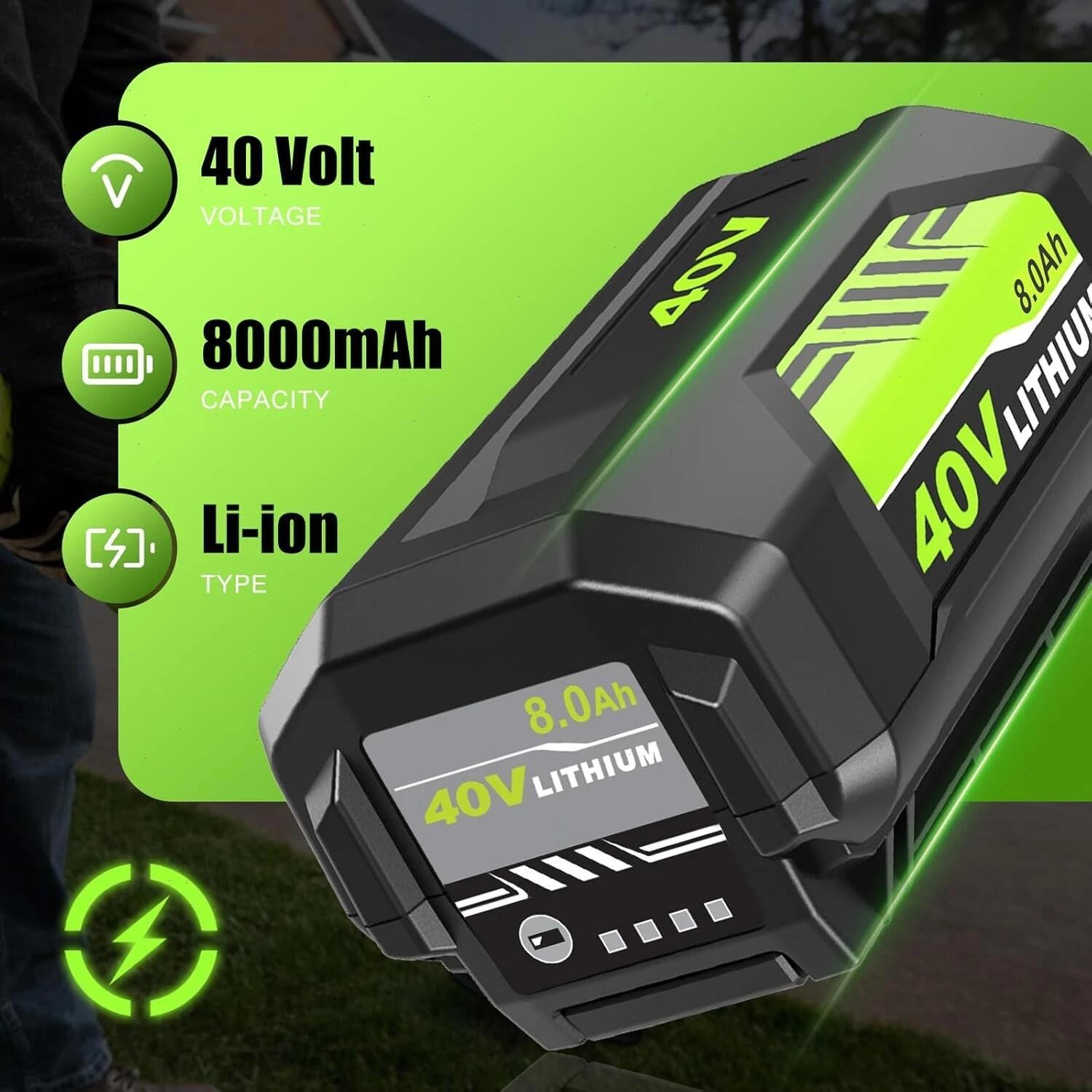 1/2PACK 8.0Ah Battery 40 Volt for Ryobi 40V Lithium-ion OP40602 Battery with LED