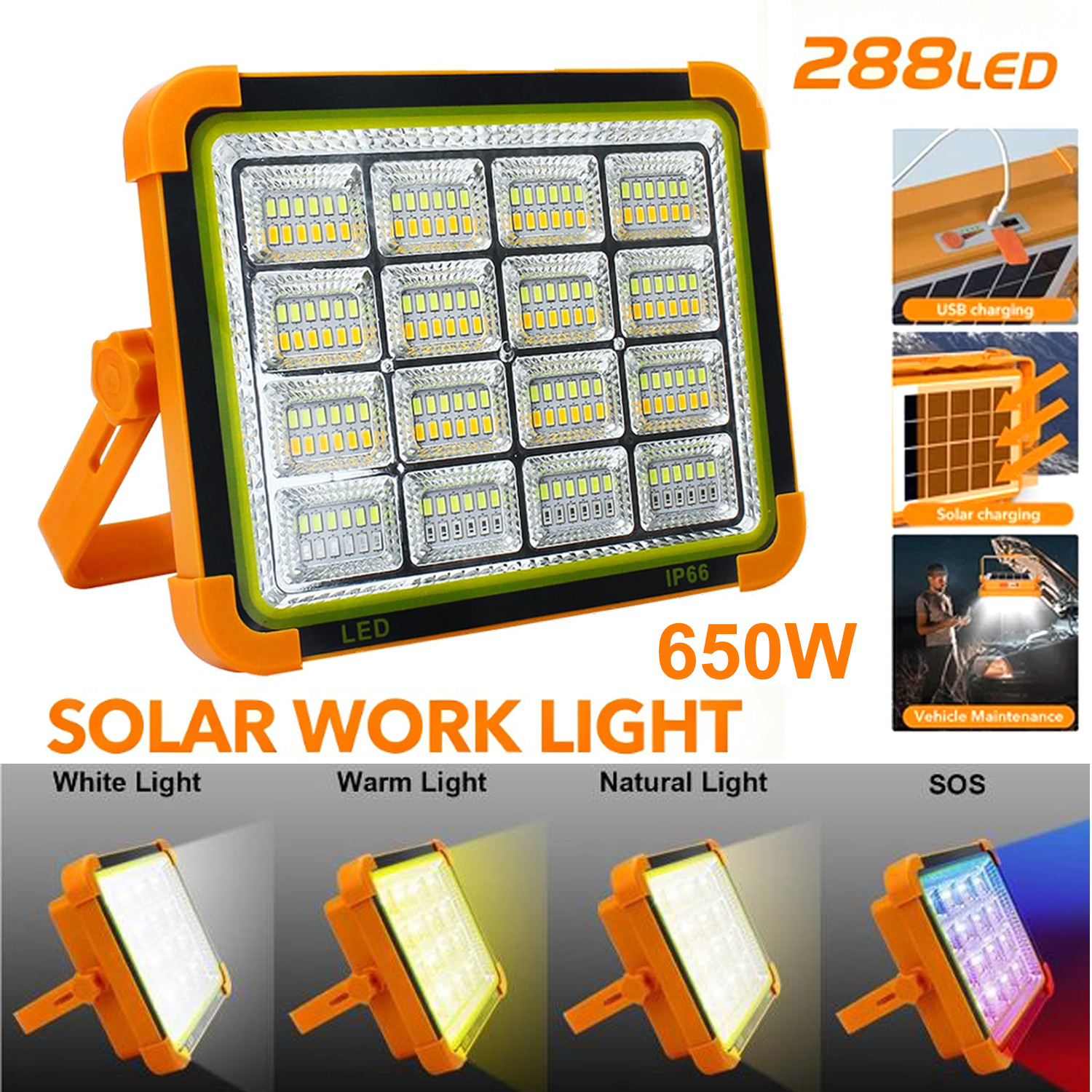 2Pack 288LED Solar Work Light Rechargeable Portable Flood Light for Camping 650W