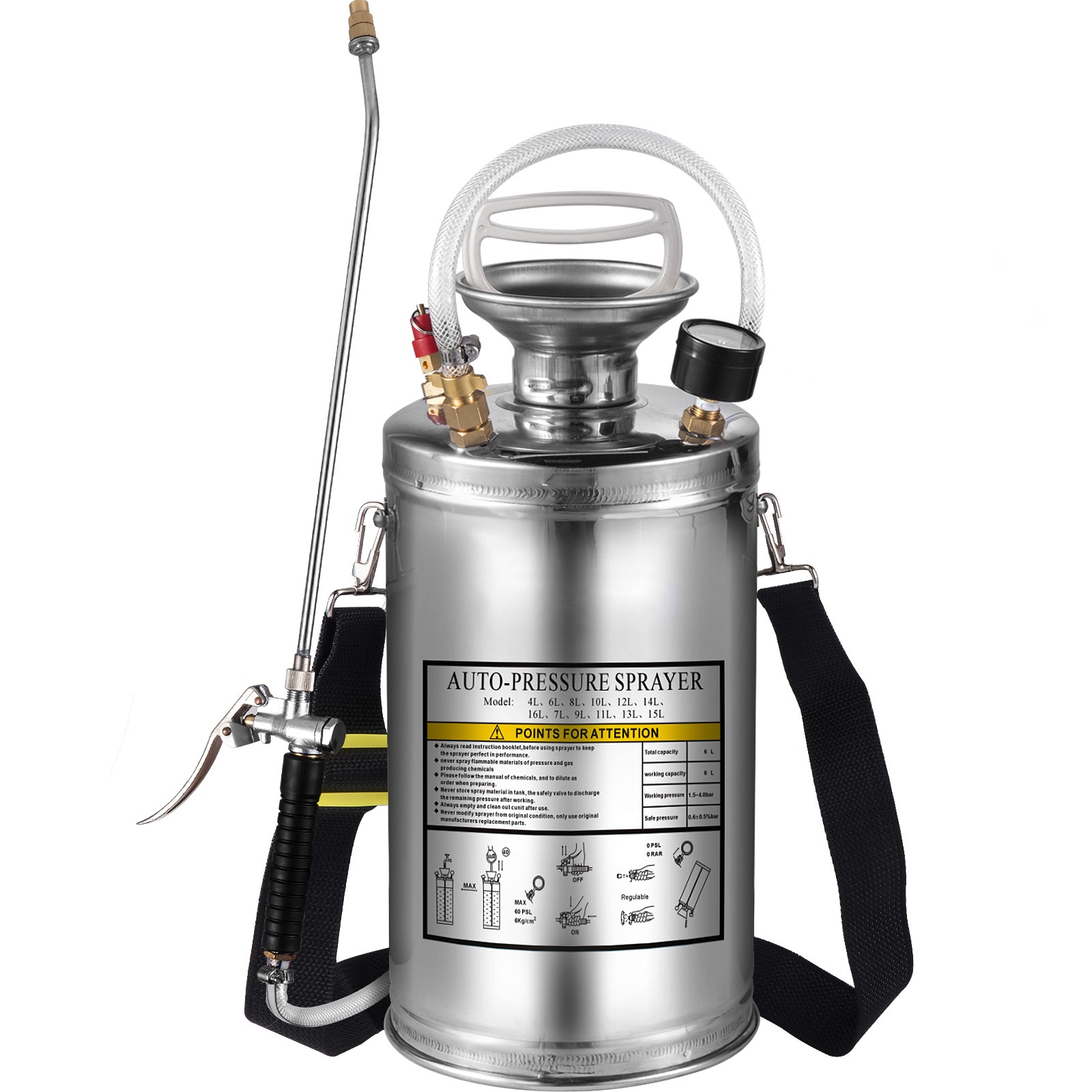 VEVOR Stainless Steel Sprayer 1.5 Gal Steel Hand-Pump Sprayer with 3.3 inch Hose