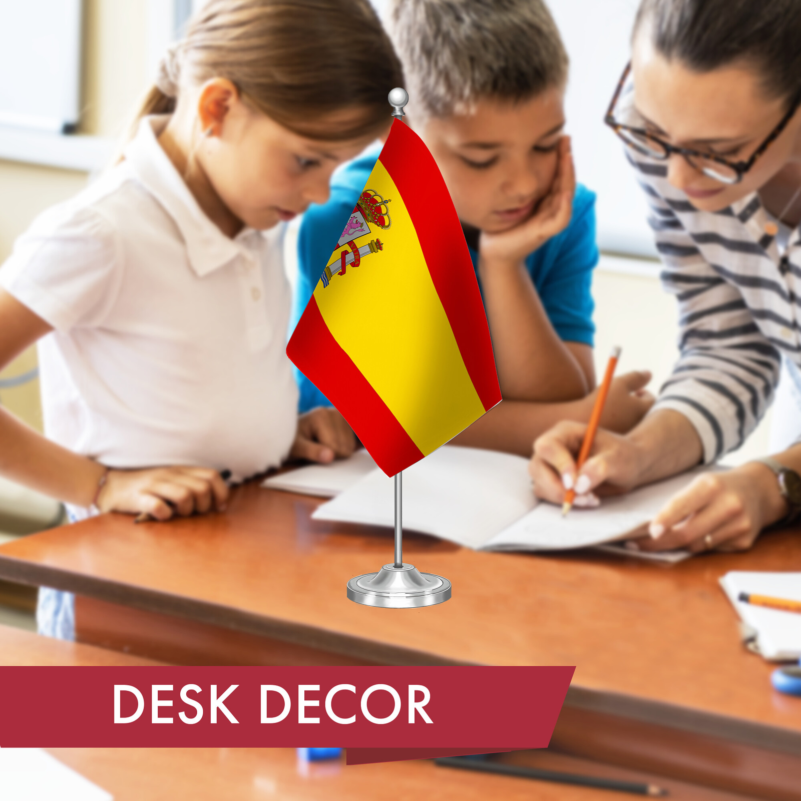 G128 Spain Spanish Deluxe Desk Flag Set 8.5×5.5 In Printed 300D Polyester