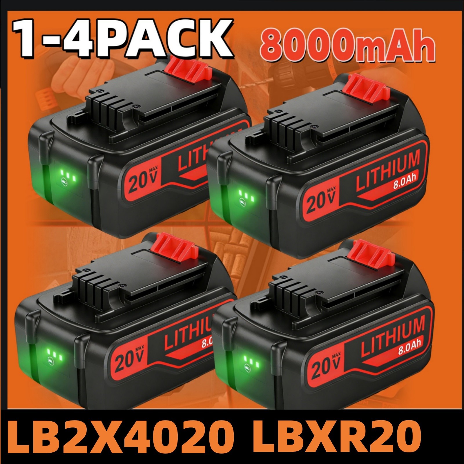 8.0AH Lithium-ion Battery pack for BLACK+DECKER 20V LBXR20 LBX20 LB2X4020