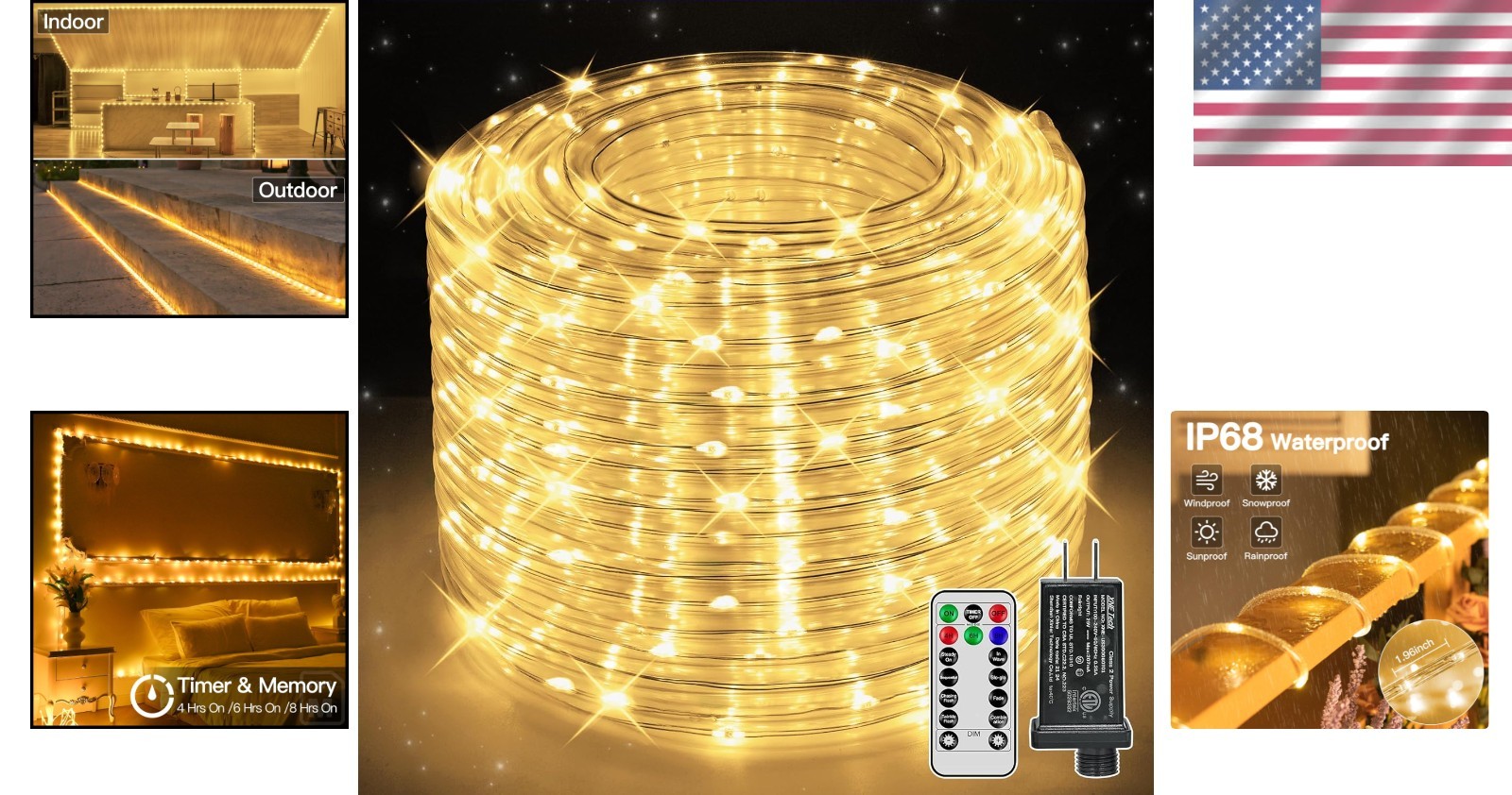 LED Rope Lights 50ft Waterproof Outdoor Indoor Dimmable Remote Decor