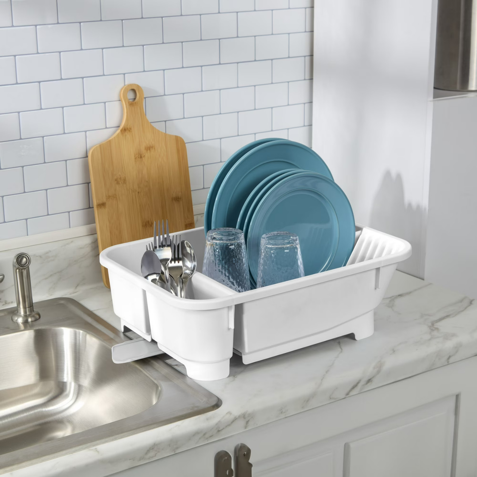Self Draining Dish Drying Rack with Spout Countertop Kitchen Sink Drainer White