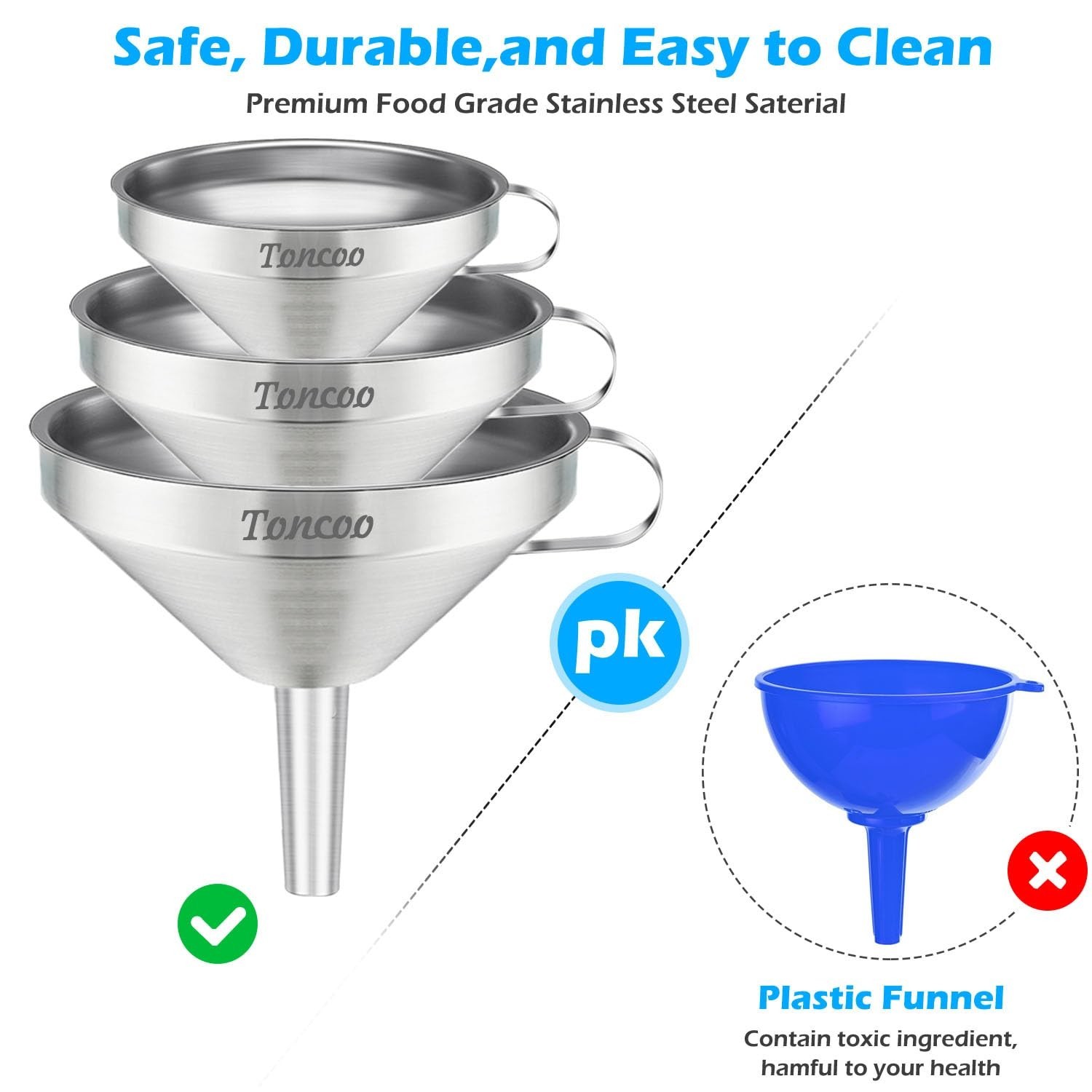 3 Pack Stainless Steel Funnels for Kitchen Use, Food Grade Cooking Funnel wit…