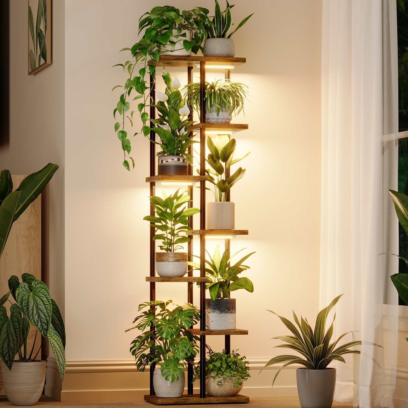 Bamworld Plant Stand with Grow Light for Indoor Plants Corner 7 Tier Metal Wood