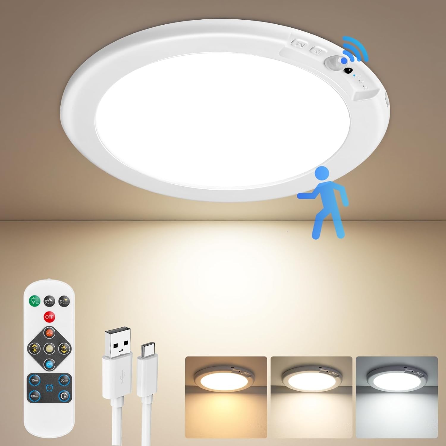 1/2/4Pack Rechargeable Motion Sensor Ceiling Light with Remote Magnetic Wireless