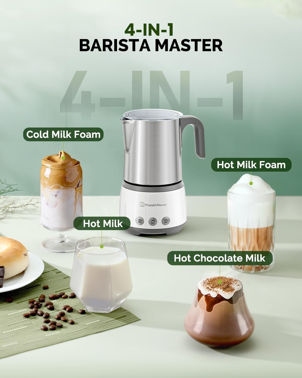 Maestri House Milk Frother, 4-in-1 Electric Milk Steamer and Frother, 16.9OZ 600