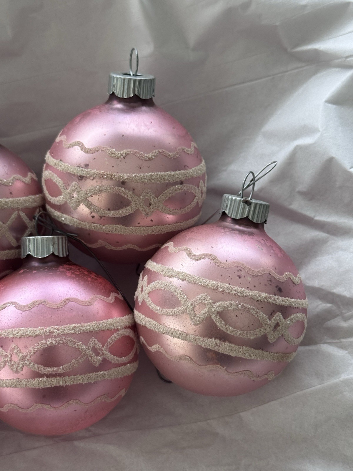 Vintage Shiny Brite Soft Baby Pink Ornaments Mica Stenciled Set Of 5 LOT