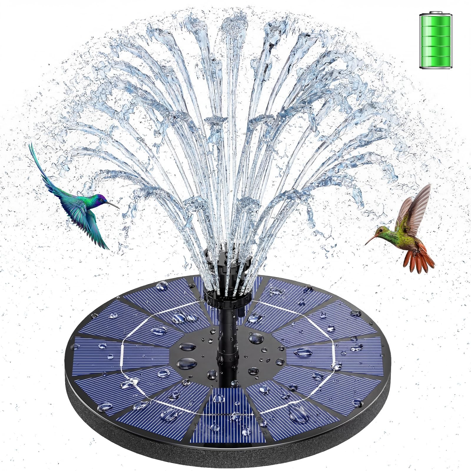 3.5W Solar Fountain Pump Built-in 1500mAh Battery, Bird Bath Fountain with 6