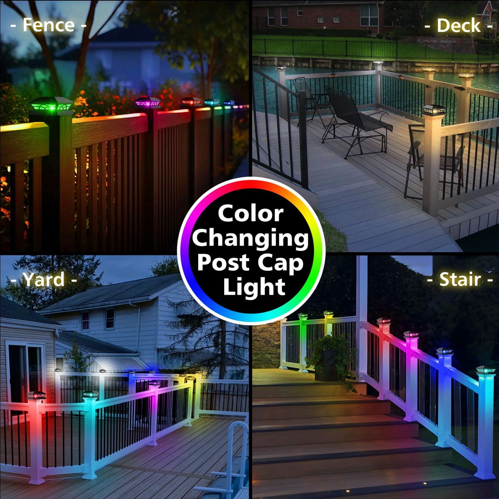 T-SUN Solar Post Cap Lights 6 Pack – Outdoor Waterproof RGB Color Changing Li…