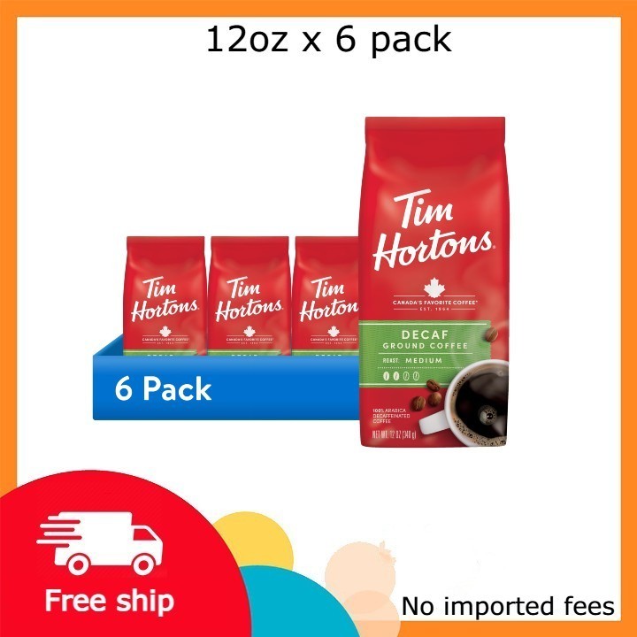 (6 pack) Tim Hortons Decaf Ground Coffee, 12oz Bag