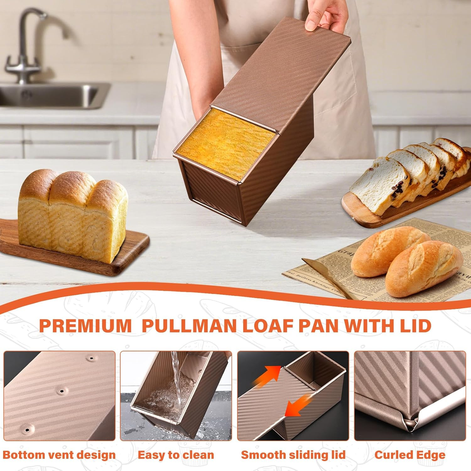 2 Pack Pullman Loaf Pan with Lid, 1 Lb/0.5 Lb Dough Capacity for Homemade Bread,