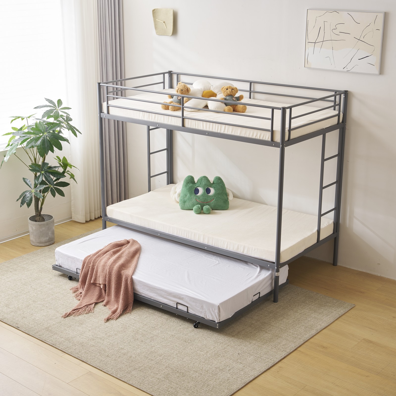 Twin Over Twin Bunk Bed with Trundle Triple Bunk Beds for Kids Teens Adults Room