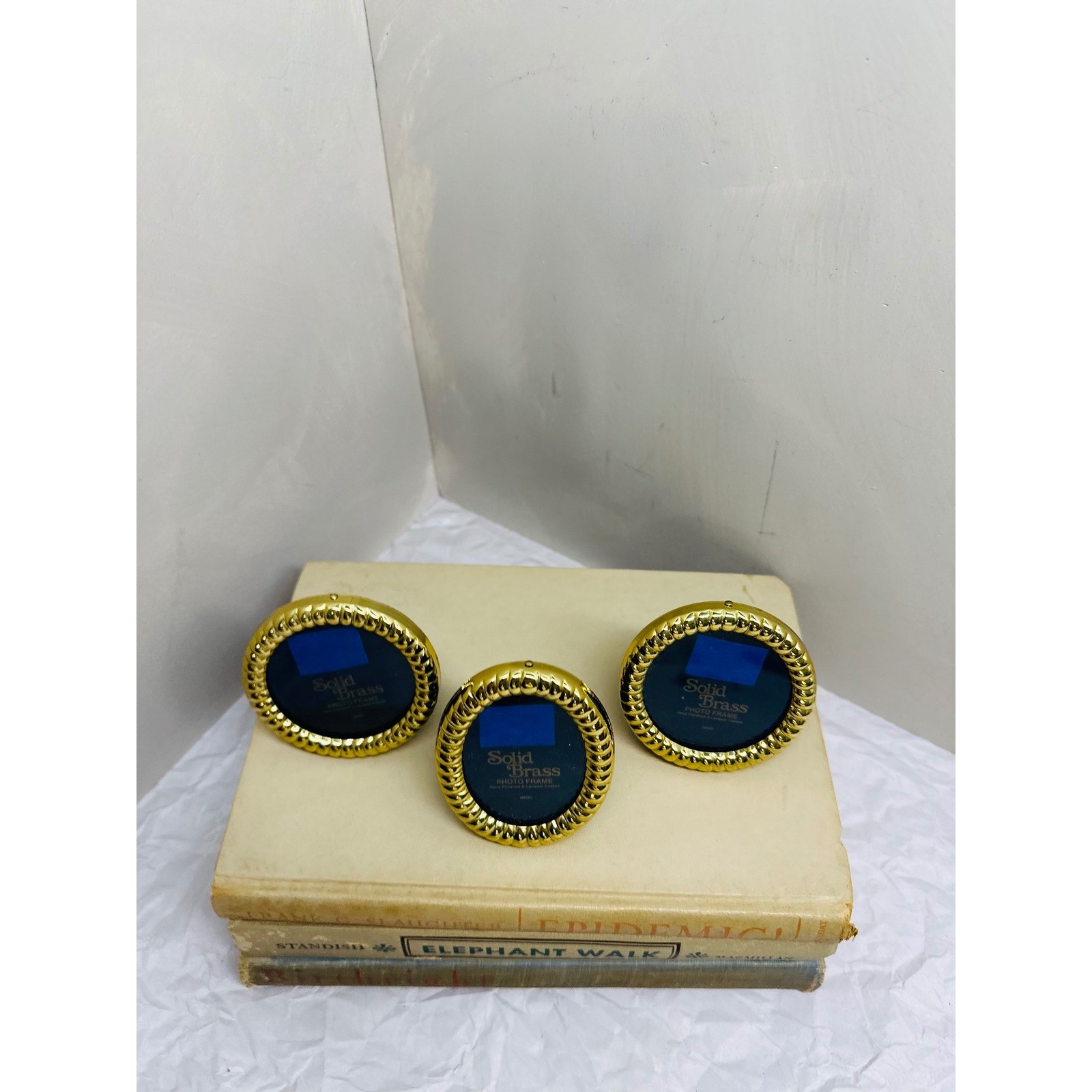 Solid Brass Mini Photo Frame Set 3 Piece Vintage Gold Round Oval Rope Border