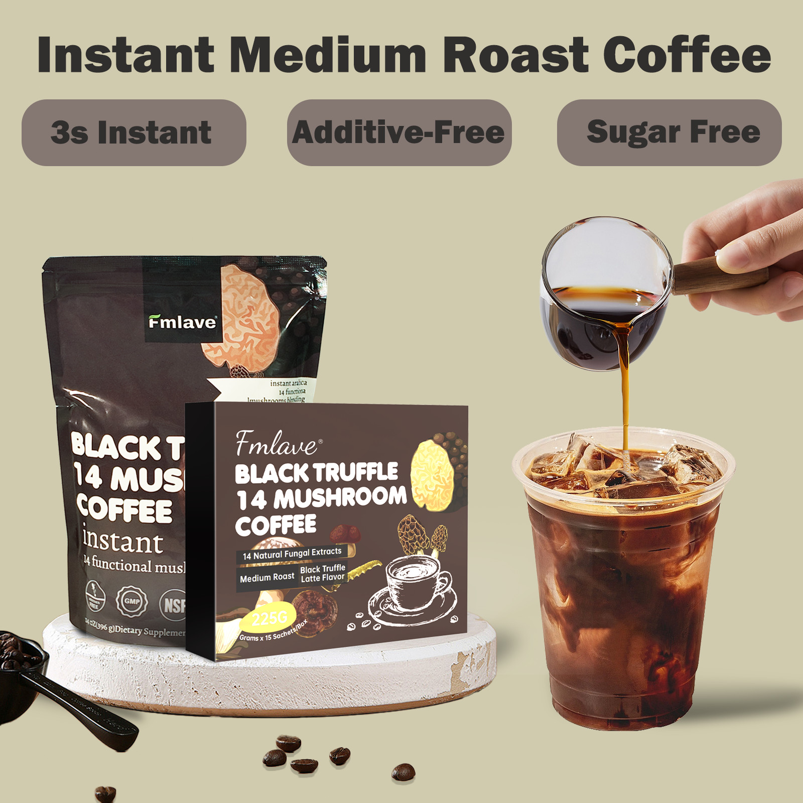 Organic Mushroom Coffee Instant Coffee, 14 Mushroom Extract Energy & Brain Boost