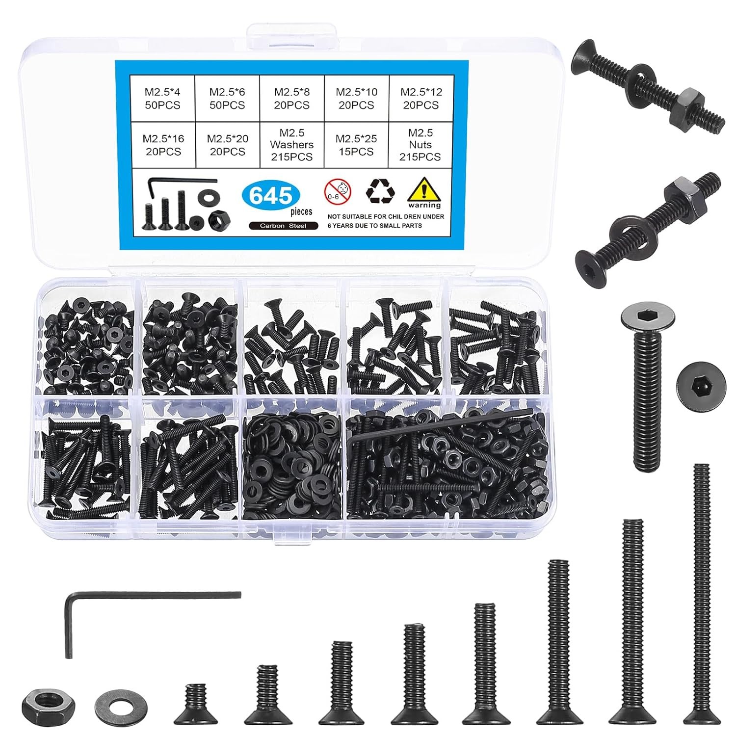 M2 M2.5 M3 Hex Socket Cap Screws Bolts Nut Washer Assortment Kit for DIY Project