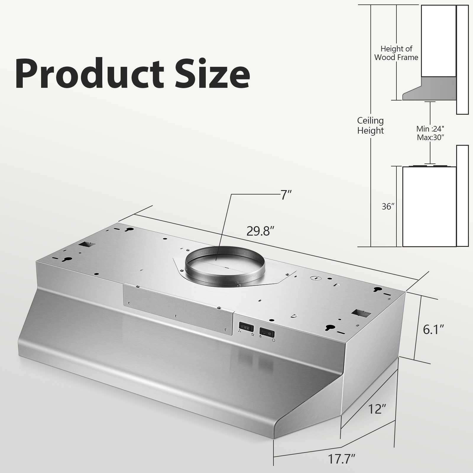 Tieasy 30in Under Cabinet Vent Hood 400CFM Stainless Steel Kitchen Exhaust
