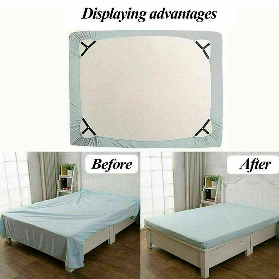 4Bed Sheet Fasteners Adjustable Elastic Suspenders Straps Mattress Covers Clips.