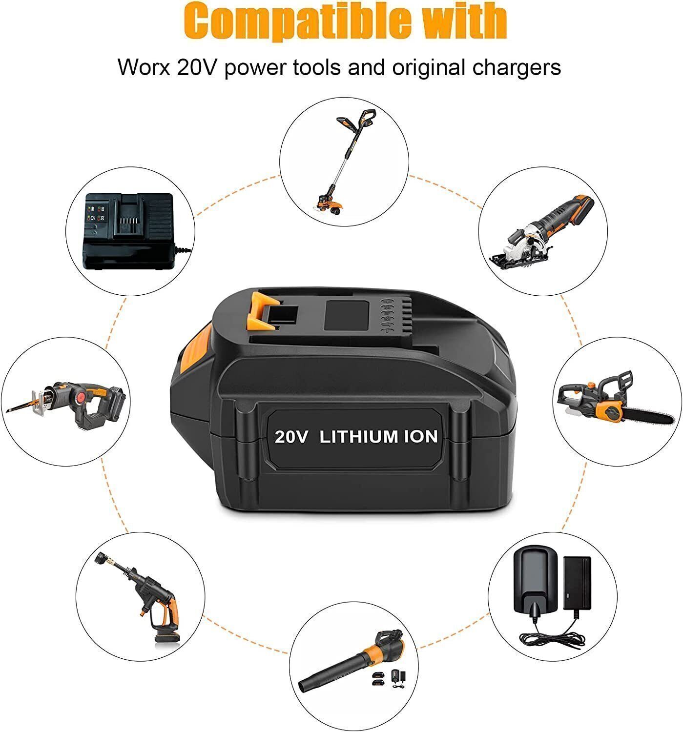 8.0AH 20V MAX Battery For WORX Extend Lithium 20 Volt WA3520 WA3525 WA3575 WG155